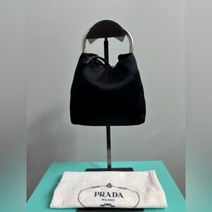 Prada Elegant Satin Black Mini Bag with Silver Accents
